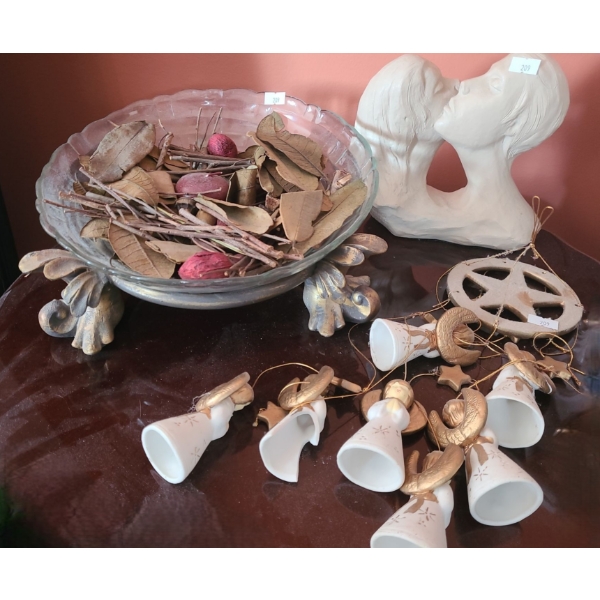 Glass Potpourri Bowl 11 Diameter, 4.5 T, Kissing Plaster Statue 7 W, 7 T, and Angel Windchimes 