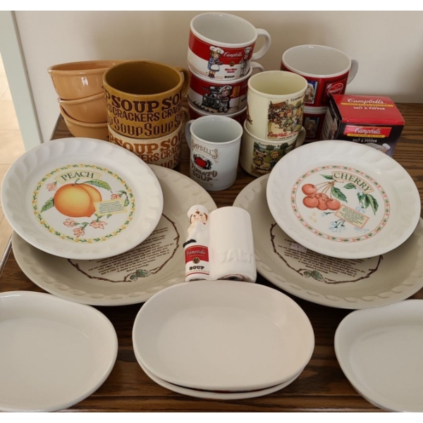 Campbells Kitchenware Collection w/Soup Bowls, Cups, Salt & pepper Shakers; Plus Variety of  Plates 