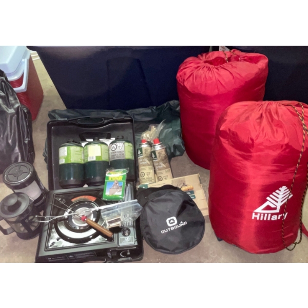 Camping Bundle #2  Camp Gas Stove,  Butane,  Pans & Pots, Flashlights, Sleeping Bags & Air Pump