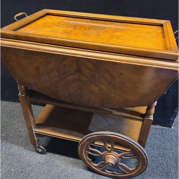 Wooden Tea Trolley w/ 2 Shelves, Top Tray (No Glass) 27 W, 18 D, 29 T (With Sides Folded)