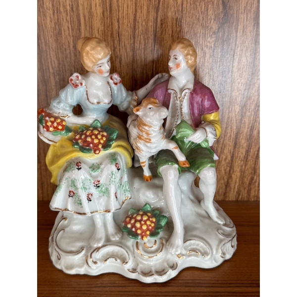 18th Century Set Porcelain Figurine - Courting Couple w/ Lamb 7T
