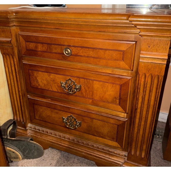 2 Bedside Tables 25x18x26 Oak w/ Cognac Finish & Bail Pull Hardware