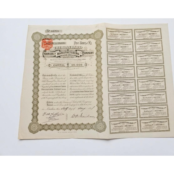 Vintage Stock Certificate For "The Standard Cyanide Manufacturing Company,"