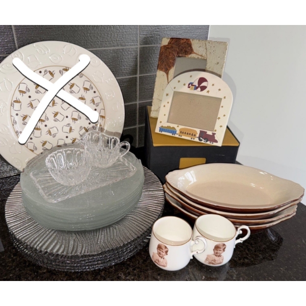 Assorted Kitchen Items- Plates, Cups, Frames & More -Note**Large Plate Is No Longer Included