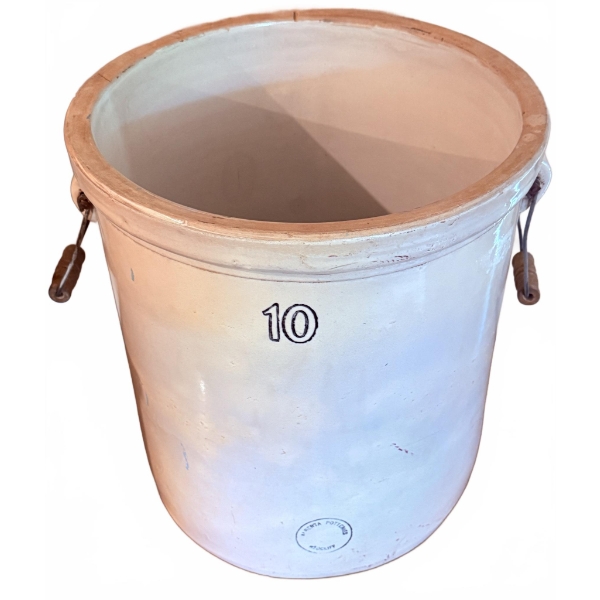 10 Gallon White Glazed Stoneware Crock with Wire and Wood Handles