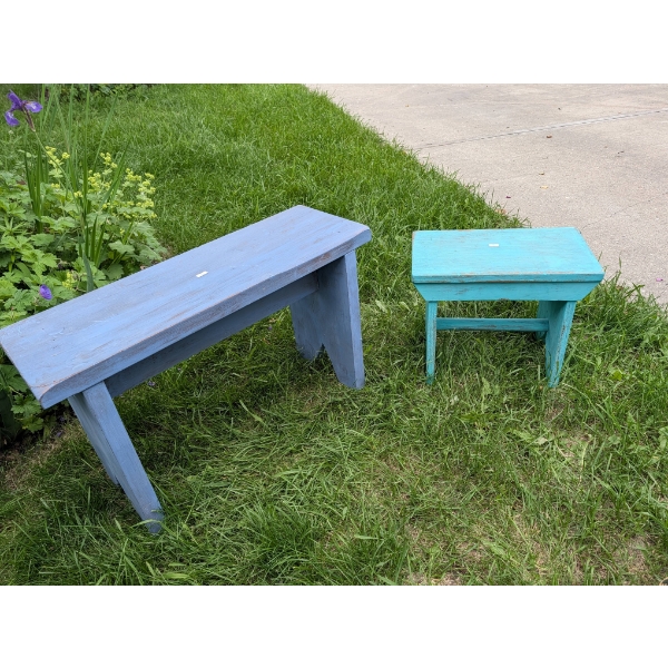Farmhouse Picnic Pack with Two Painted Wooden Benches and Woven Basket