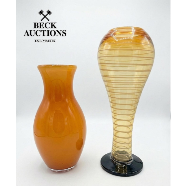 mid-century modern hand-blown amber glass vase + Orrefors Fungi vase in amber-colored art glass
