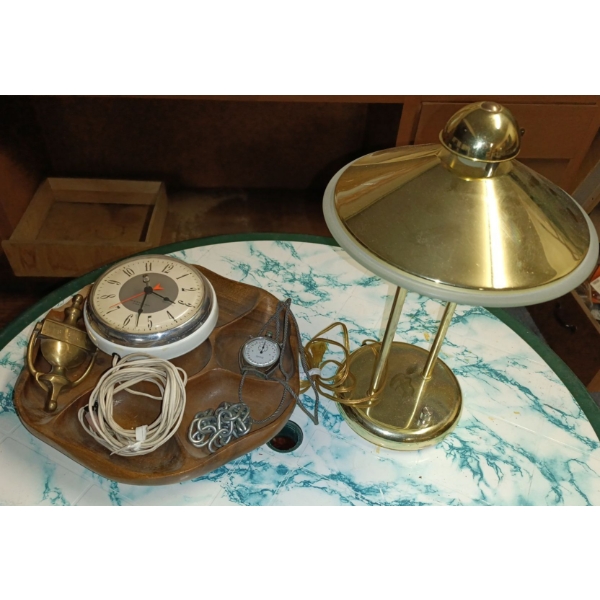 Vintage MCM Lamp, Wall Clock, Door Knocker & Teak Tray (w/Chip)