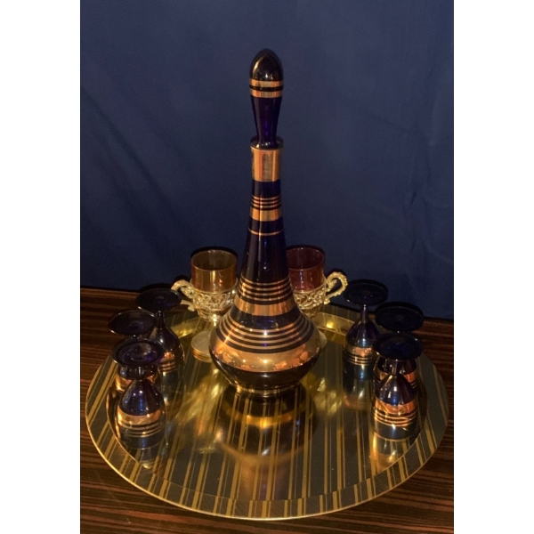 Royal Blue & Gold Decanter Set w/ Tray & Decorative Cocktail Glasses