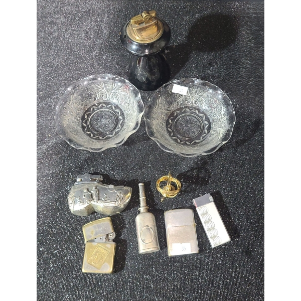 Vintage Lighters- Black Tabletop Lighter: 5 T and Two Glass Dishes 5" Diameter, Armillary Sphere 2 T