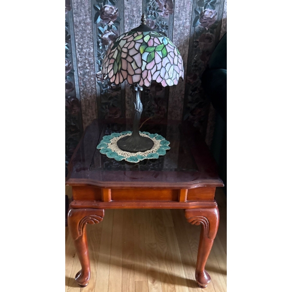 Wood & Glass Table w/ Tiffany Style Lamp, Table is 23W, 27D, 22T