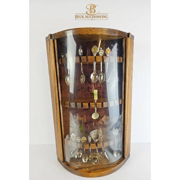 Curved Glass Display Case with 20 Commemorative Spoons