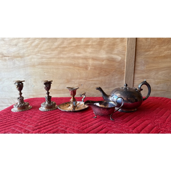 Silver Slate Candle Holders and Silver Plated Serving Pieces 