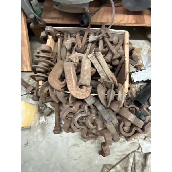 antique large box of railway pins and rail anchors all cast-iron
