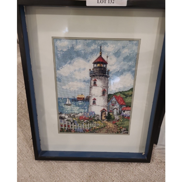  Framed Under Glass Needlepoint. Lighthouse 16 1/2 w 20 1/2 h