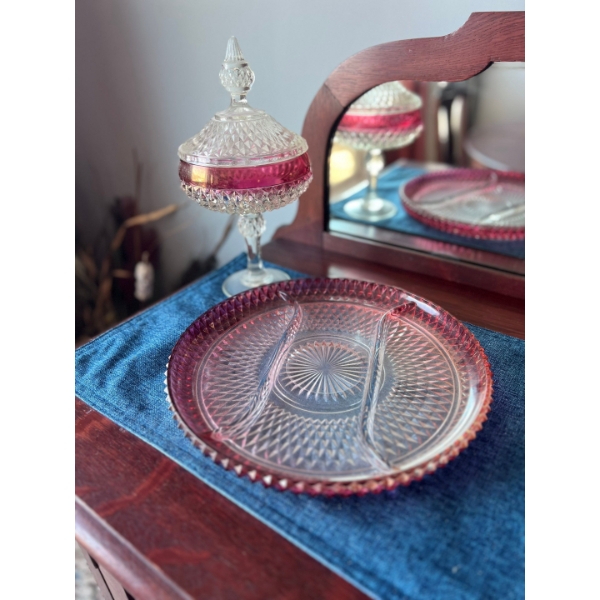 Vintage Indiana Glass Diamond Point Compote with Lid Ruby Flash & Platter