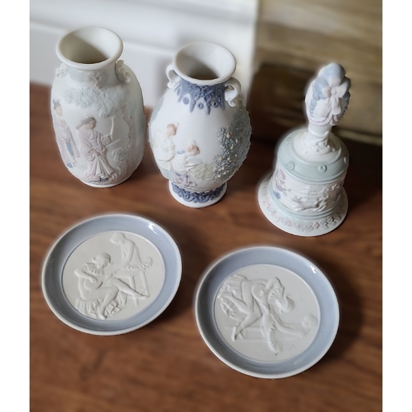 Lladro Small Jars and Bell 4.5 T, Mini Plates 3" Diameter 