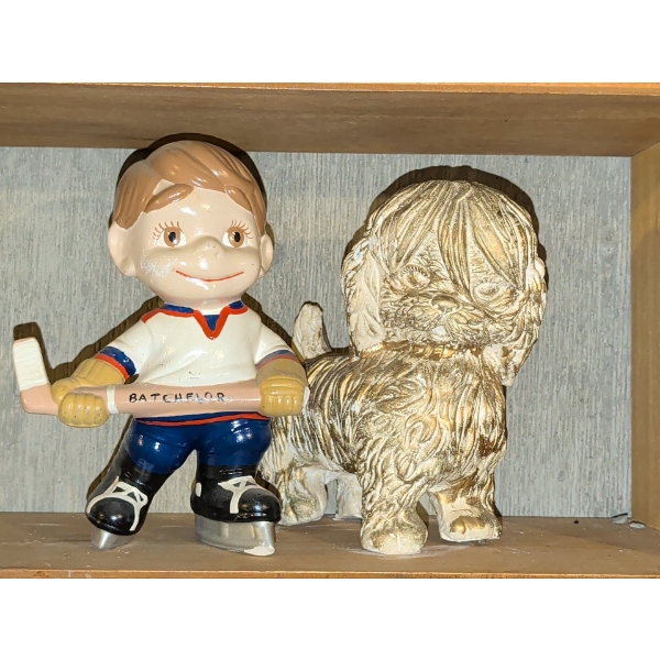 Pottery Pooch Piggy Bank w/ Aspiring Hockey Superstar "Batchelor" 13"Tall