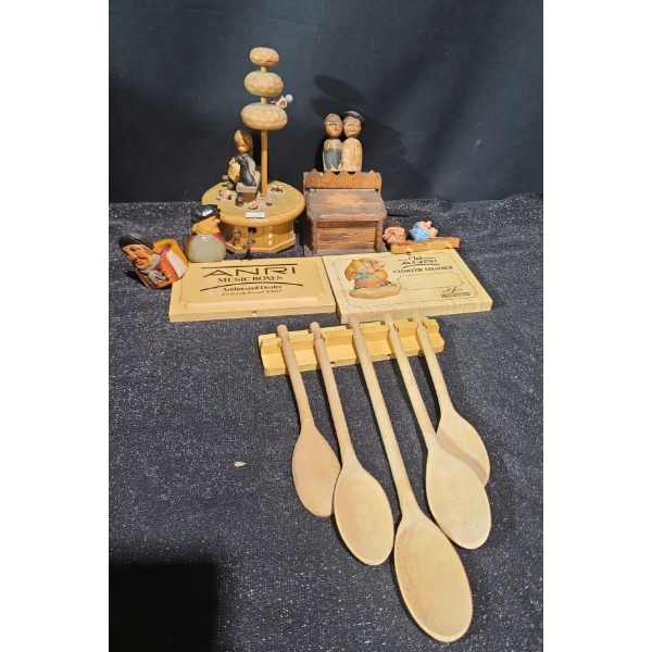 Anri Music Box 5" Diameter, 9 T, Notebox 4 W, 4 D, 6 T, Wooden Spoons, Signs 7 X 5  and More!