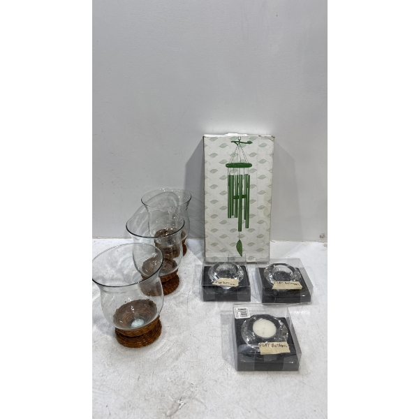 Wind Chimes and a Set of Three Glass Candle Holders and Vases