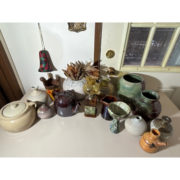 Collection Of Pottery & More: Amber Glass Oil Lamp, Ornate Chalise & More