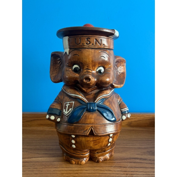 USN Elephant Cookie Jar. Vintage Twin Winston Baby Elephant Sailor