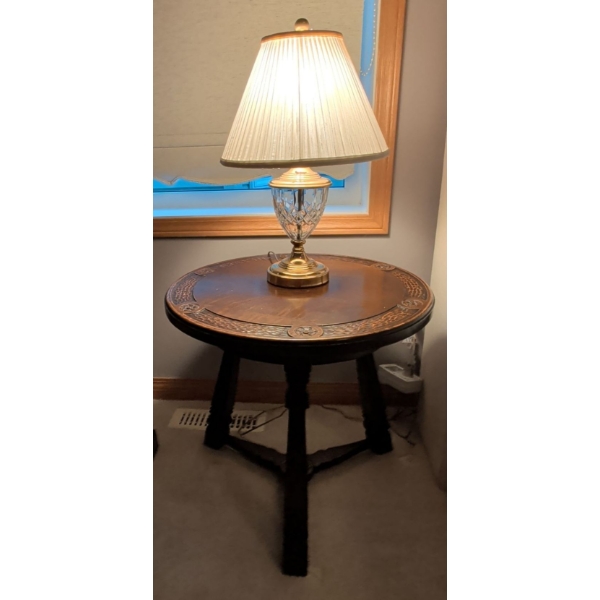 Hand Carved Walnut Wood Antique Canadian Heirloom Side Table From Fairmont Hotel and Waterford Lamp