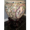 Image 3 : Vintage Chinese Famille Rose Porcelain Fishbowl Planter w/ Carved Rosewood Pedestal 