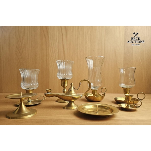  Collection Of Vintage-Style Brass , Candle Holders , Holders With Glass Shades , Genie Lamp Shaped.