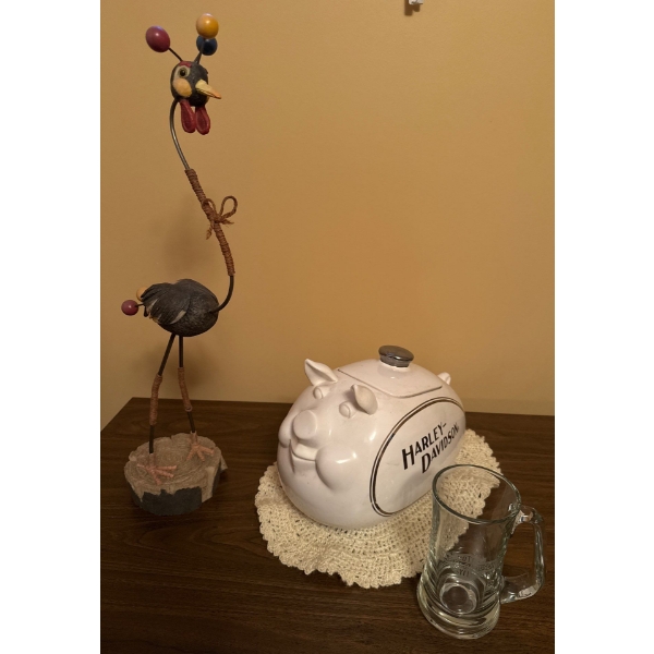 Collectible Harley Davidson Piggy Cookie Jar & Mug w/Ostrich Mexican Folk Art Sculpture