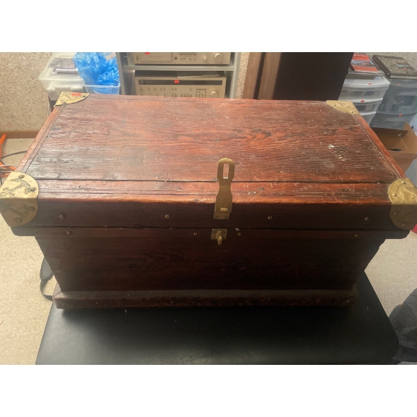 Large Wooden Trunk with Brass Fixtures, 29 inches wide, 15.5 inches High, 15 inched Depth.