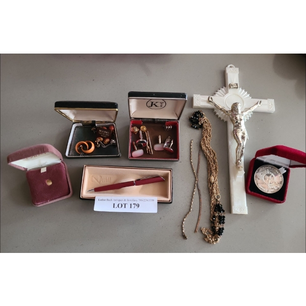 Gold Tie Clip .42g 10k, Texaco Service Coin, Cuff Links, Pen & Crucifix