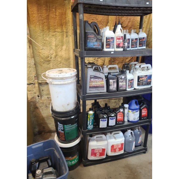 Shop Utility Shelf 35 W, 18 D, 72 T w/ Assorted Vehicle Fluids (4)