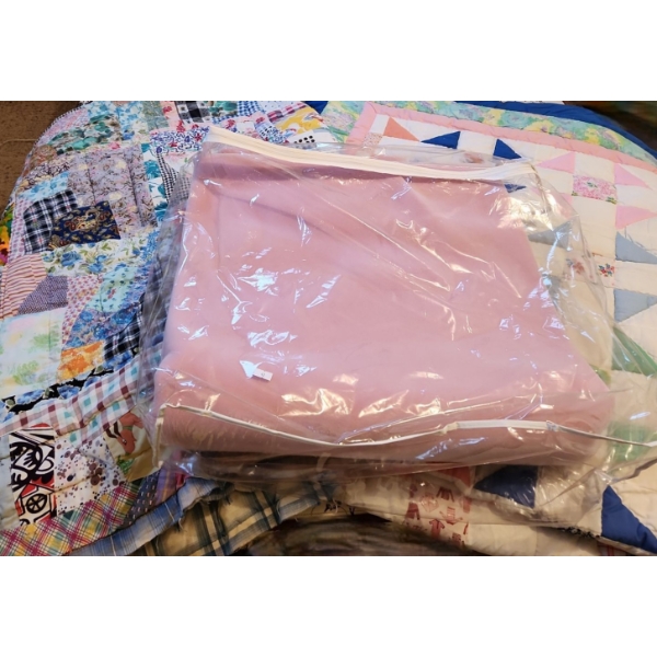 Two Homemade Quilts and Pink Velux Blanket