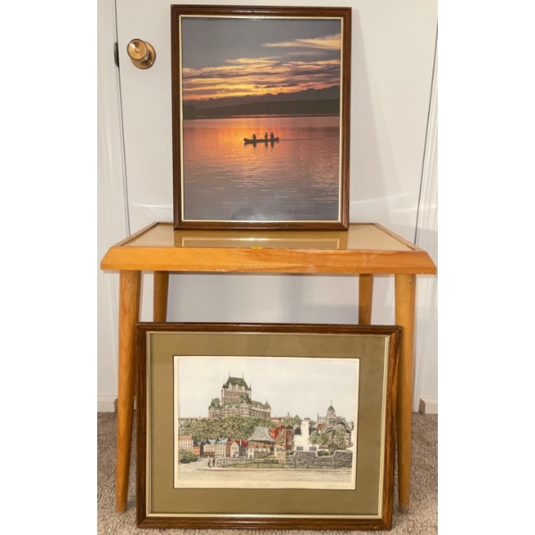 Mid Century Teak 2 Tiered End Table 25x14x24 w/ Wall Art 15x19