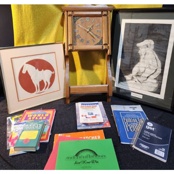 Framed Numbered Prints, Wooden Wall Clock, and Assorted Books