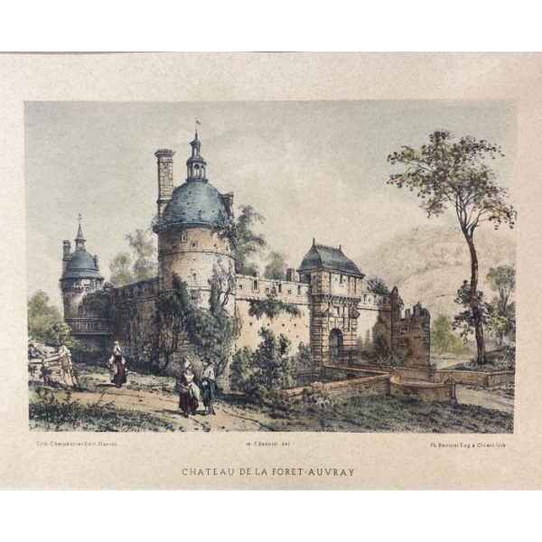 Colored Lithograph Print Titled ""Chateau De La Foret Auvray" Felix Benoist