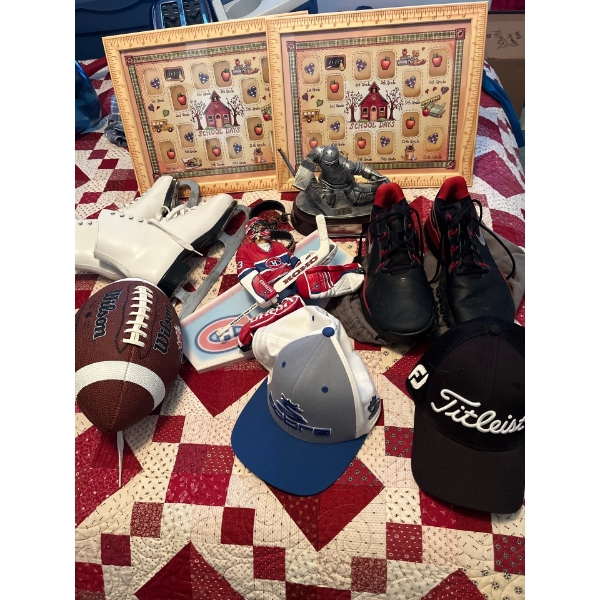 selection of sports items, including a Wilson professional football from the Canadian football leagu