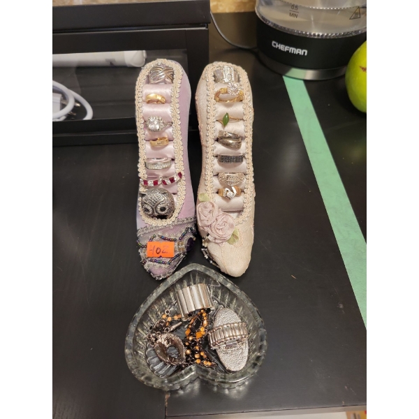 Assorted Costume Jewelry in High Heel Ring Holders.
