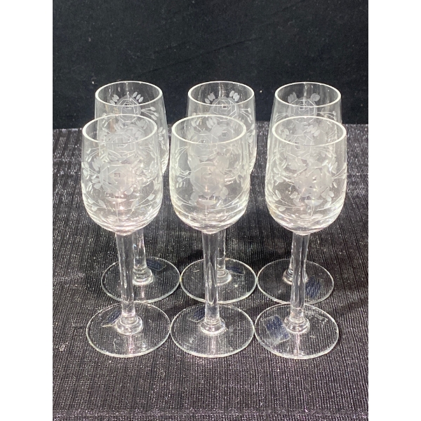  Crystal Clear Industries #2690 "Deco Rose" Etched Crystal Cordial Glasses