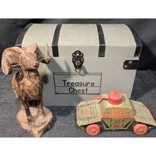 Carved Wood Ram Statue, Vintage Lithographed Toy Tank, and Decorative Storage Treasure Chest