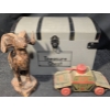 Image 1 : Carved Wood Ram Statue, Vintage Lithographed Toy Tank, and Decorative Storage Treasure Chest