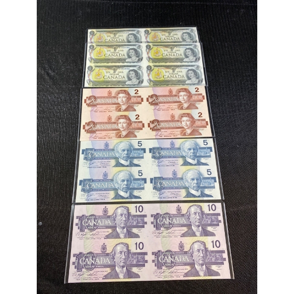 Set of 2:2 Uncut Canadian $1.00, $2.00, $5.00, and $10.00 Bills