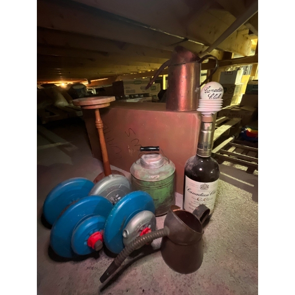   2 brass pouring canisters, a wooden ashtray holder large metal thermos Texas Micky  of Canadian cl