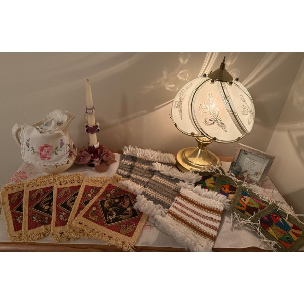 Brass Fogged Glass Touch Lamp w/ Handmade Coaster Collection & Palm Tree Trio 15T