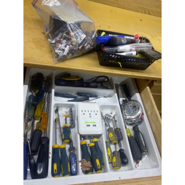 Tray Full Of Assorted Screwdrivers, Tape Measure, Scissors & More
