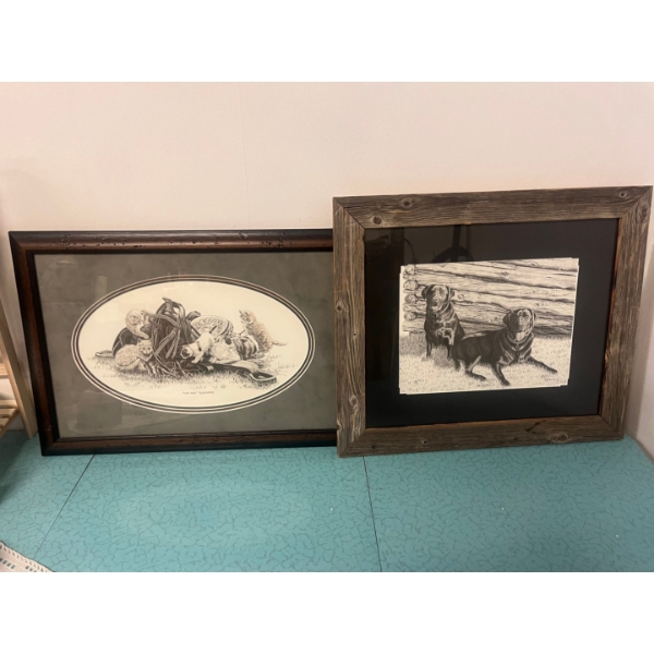 Two pencil art pieces by Bernie Brown, Purr-fect Playmates (20x14in), "Buddies" (19x16in).