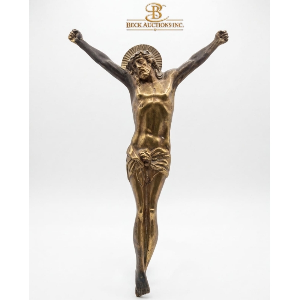 Vintage Bronze Crucifix Figure Of Jesus Christ Alongside A Blue Iridescent Glass Vase And More