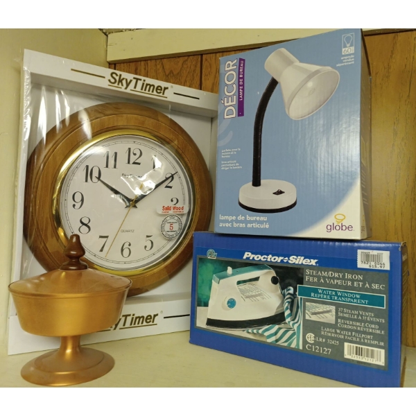 Brand New Wall Clock, Lamp, Proctor-Silex Steam-Dry Iron & Copper Container
