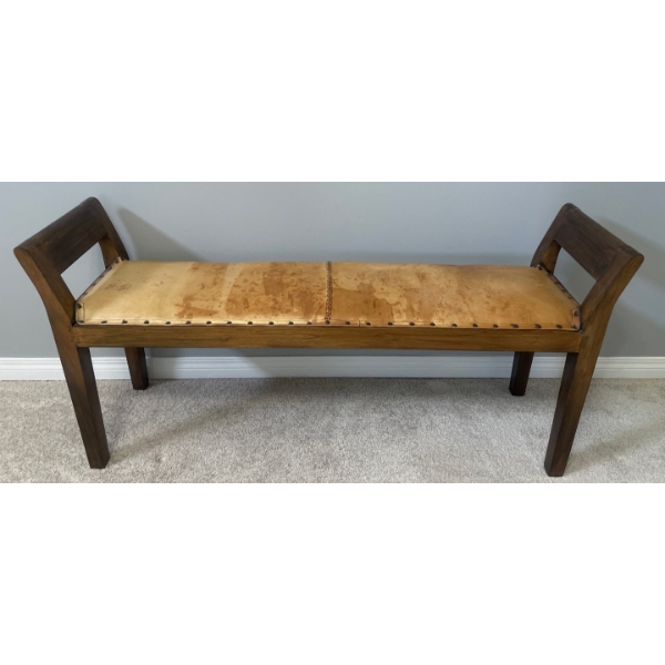 Jermaine Gallacher Walnut w/ Genuine Leather Upholstery Bench 52x16x25